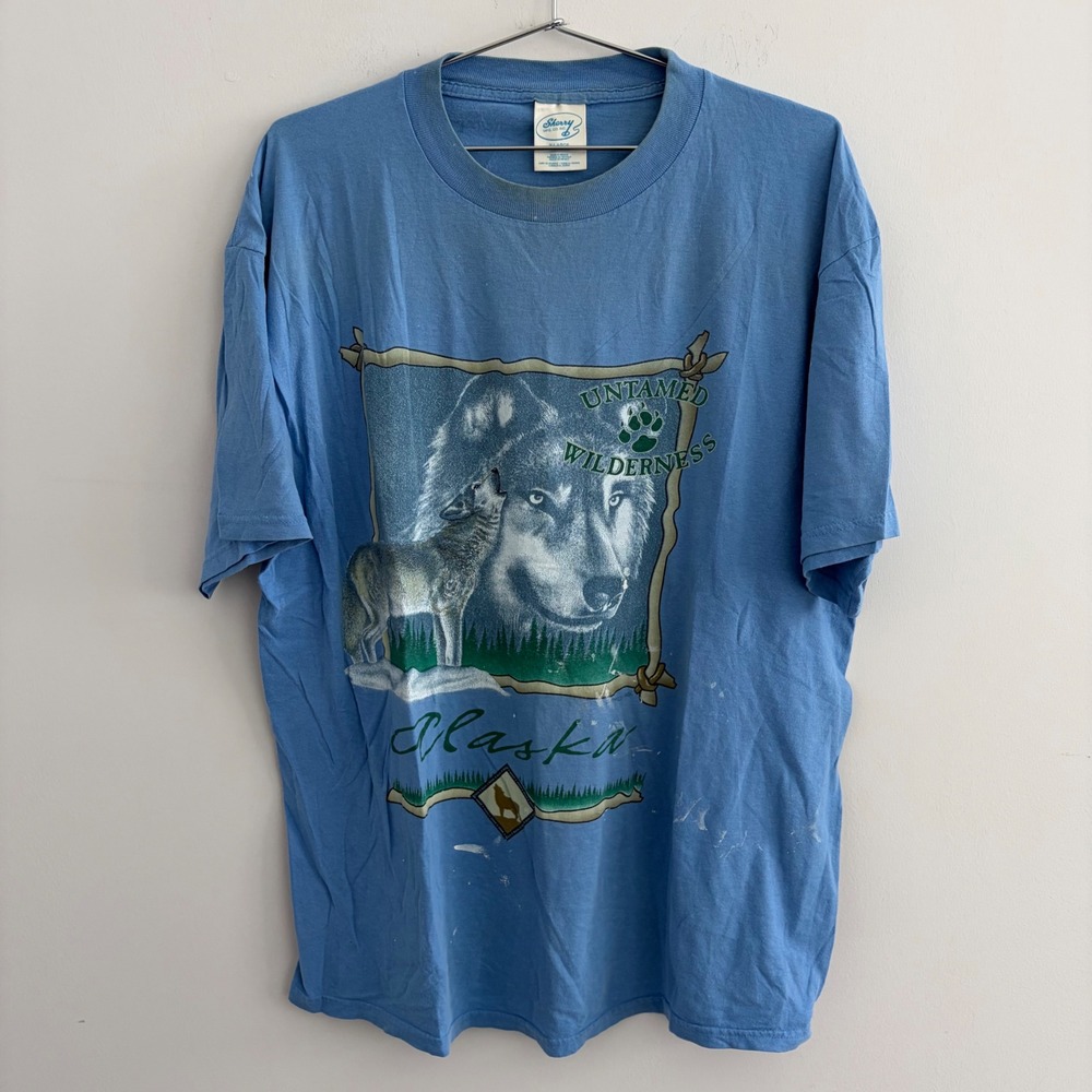 Vintage Sherry Alaska Untamed Wilderness Wolf Graphic T Shirt Blue XL